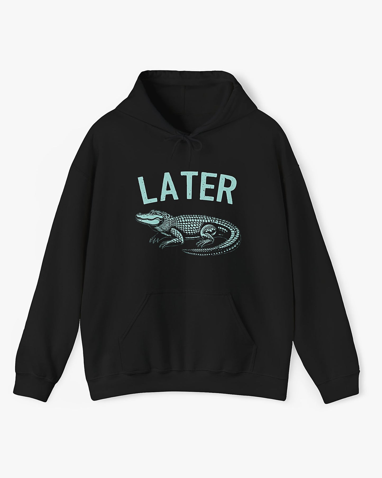 Flat lay unisex black-colored 'Later Gator' hoodie featuring a funny retro alligator graphic.
