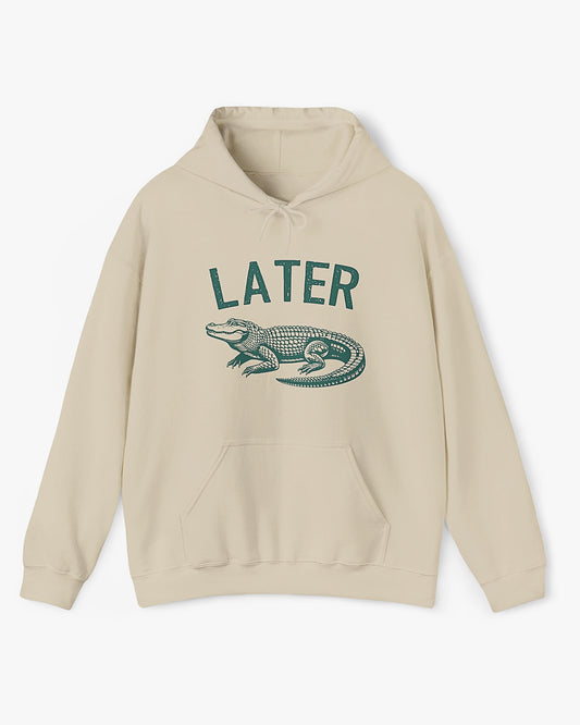 Flat lay unisex sand beige colored 'Later Gator' hoodie featuring a funny retro alligator graphic.