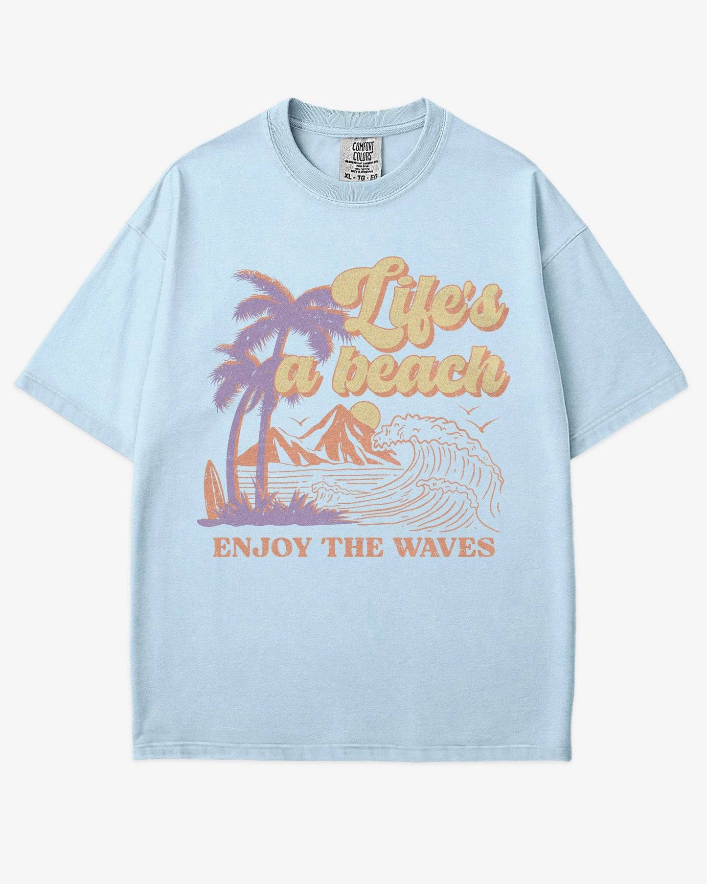 Life’s A Beach – Enjoy The Waves retro surf graphic t-shirt in chambray with beach and waves design.