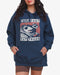 Woman wearing true navy 'Live Fast Eat Trash' hoodie with a funny retro graphic of two raccoons driving a car.