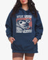 Woman wearing true navy 'Live Fast Eat Trash' hoodie with a funny retro graphic of two raccoons driving a car.