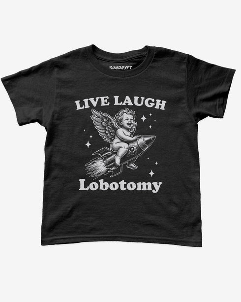 Flat lay black baby tee with text "Live Laugh Lobotomy" and funny retro graphic of angel riding a rocket