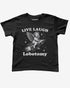 Flat lay black baby tee with text "Live Laugh Lobotomy" and funny retro graphic of angel riding a rocket