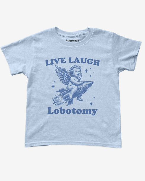 Flat lay light blue baby tee with text "Live Laugh Lobotomy" and funny retro graphic of angel riding a rocket