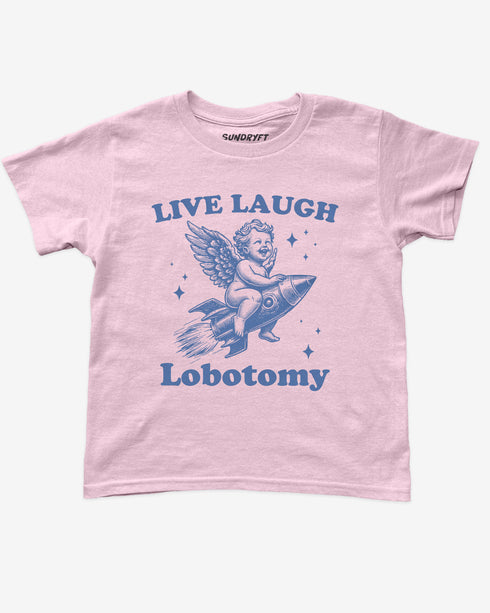 Flat lay light pink baby tee with text "Live Laugh Lobotomy" and funny retro graphic of angel riding a rocket