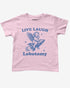 Flat lay light pink baby tee with text "Live Laugh Lobotomy" and funny retro graphic of angel riding a rocket
