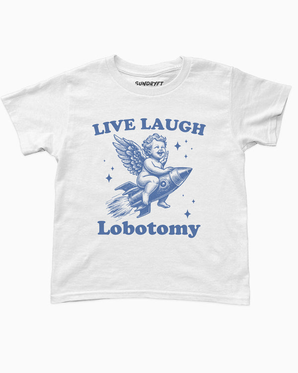 Flat lay white baby tee with text "Live Laugh Lobotomy" and funny retro graphic of angel riding a rocket