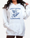 Woman wearing white 'Live Laugh Lobotomy' hoodies with funny retro graphic of armor flying on a rocket.