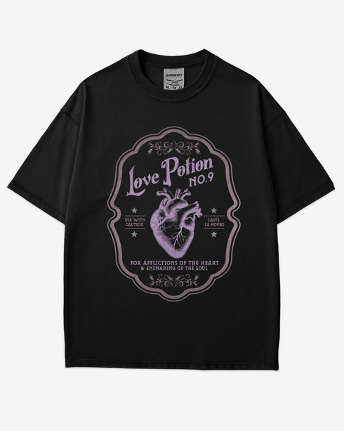 Love Potion Halloween Shirt in black color with retro potion label and heart graphic design