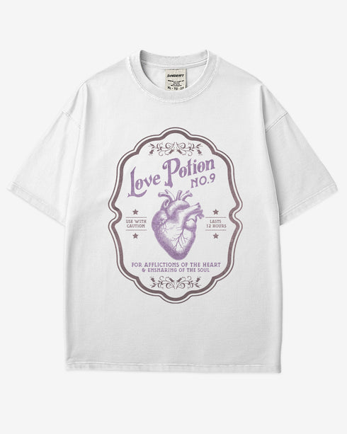 Love Potion Halloween Shirt in white color with retro potion label and heart graphic design