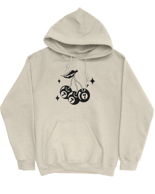 Flat lay sand beige hoodie featuring a retro lucky 7 eightball cherries graphic.