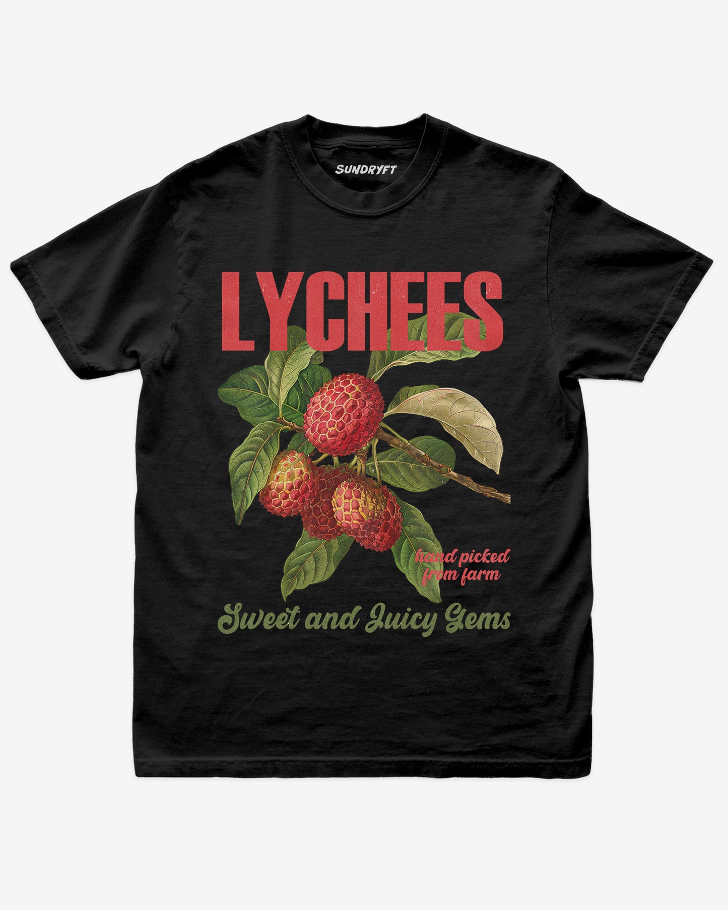 Flat lay of black Lychees Fruit Shirt, retro 90s vintage fruit graphic tee with sweet and juicy lychee design