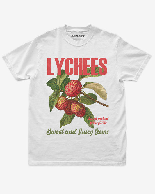Flat lay of white Lychees Fruit Shirt, retro 90s vintage fruit graphic tee with sweet and juicy lychee design