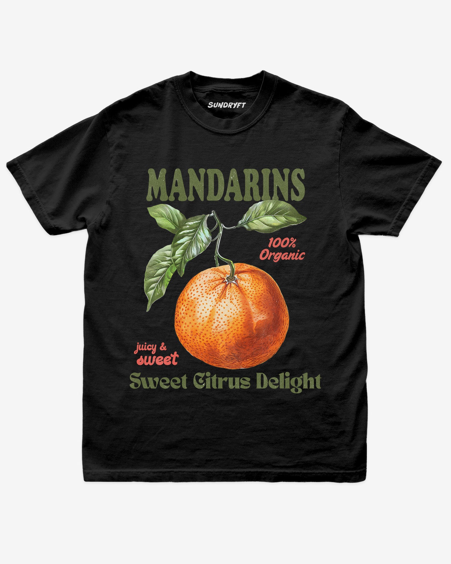 Mandarins Fruit Shirt flat lay in black – retro 90s vintage mandarin orange graphic tee with relaxed unisex fit, soft cotton, and citrus fruit label design.