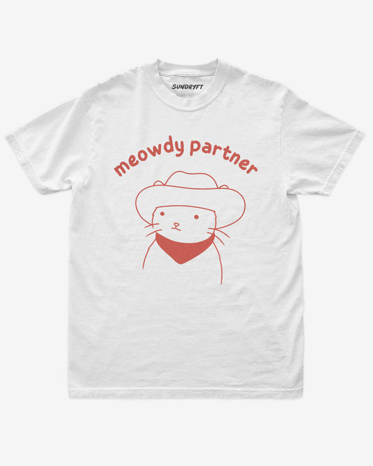 Meowdy Partner shirt in white with doodle graphic of cowboy cat