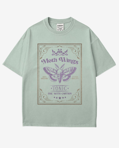 Moth Wings Tonic Shirt in bay with retro potion label moth graphic