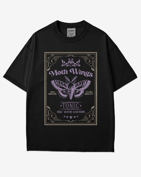 Moth Wings Tonic Shirt in black with retro potion label moth graphic