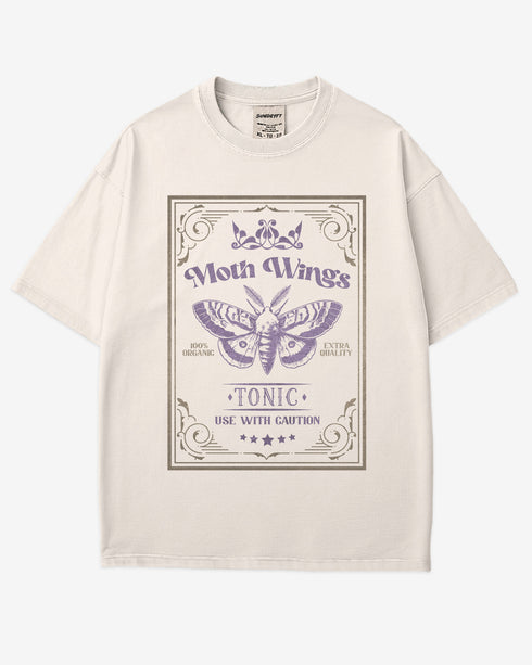 Moth Wings Tonic Shirt in ivory with retro potion label moth graphic