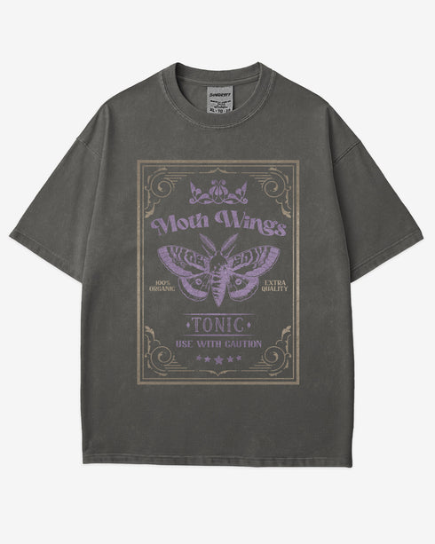 Moth Wings Tonic Shirt in pepper with retro potion label moth graphic