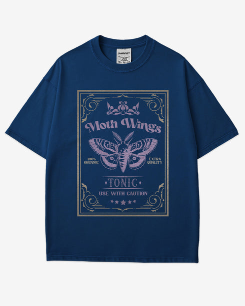 Moth Wings Tonic Shirt in true navy with retro potion label moth graphic