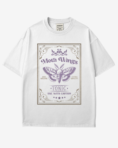 Moth Wings Tonic Shirt in white with retro potion label moth graphic