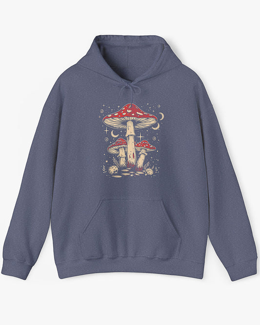 Flat lay heather navy hoodie featuring a retro mushroom graphic with a starry night sky background.