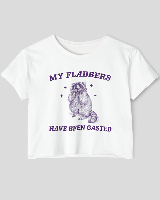 Flat lay white 'My Flabbers Have Been Gasted' crop top featuring a funny retro raccoon freaking out graphic.