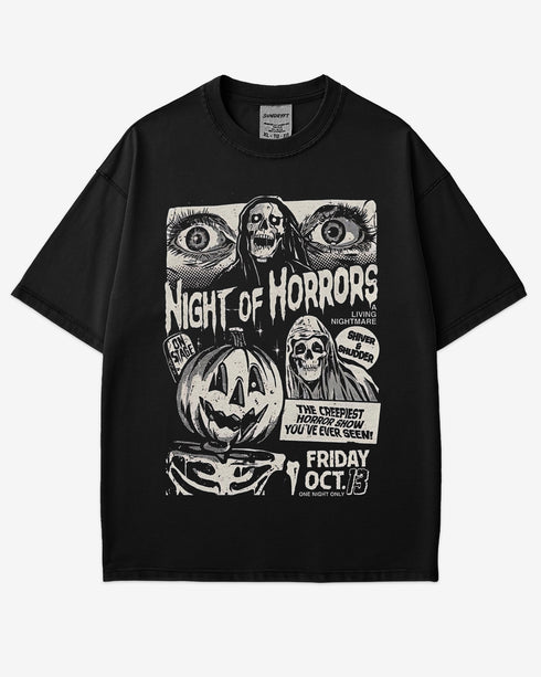 Night of Horrors Shirt in black – retro Halloween graphic tee with creepy horror show design, unisex cotton spooky outfit