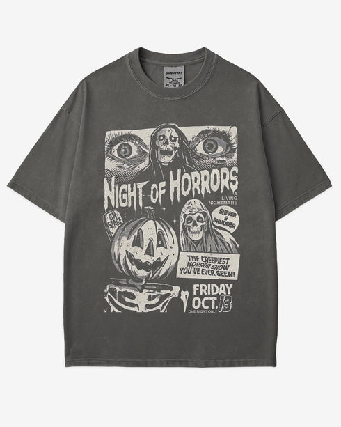 Night of Horrors Shirt in pepper – retro Halloween graphic tee with creepy horror show design, unisex cotton spooky outfit
