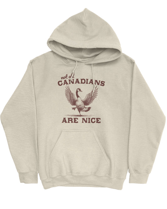 Flat lay sand-colored 'Not All Canadians Are Nice' hoodie featuring a funny canadian goose retro graphic.