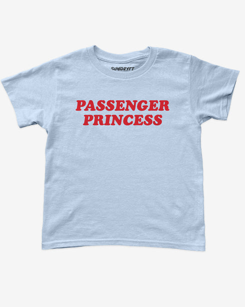 Flat lay light blue y2k baby tee with retro text "Passenger Princess"