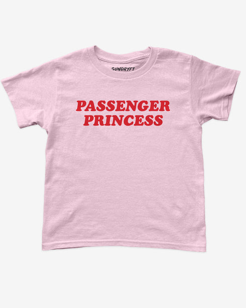 Flat lay light pink y2k baby tee with retro text "Passenger Princess"