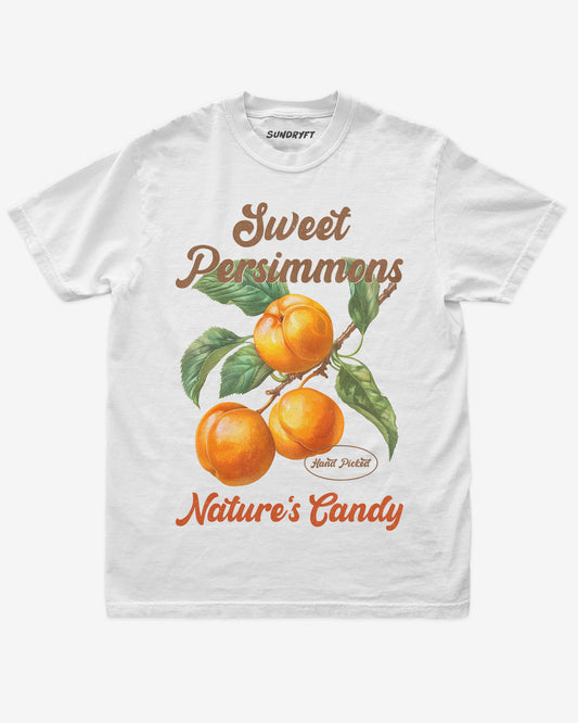 Persimmons Fruit Shirt flat lay in white – retro 90s vintage graphic tee with relaxed unisex fit and orange fruit label design.