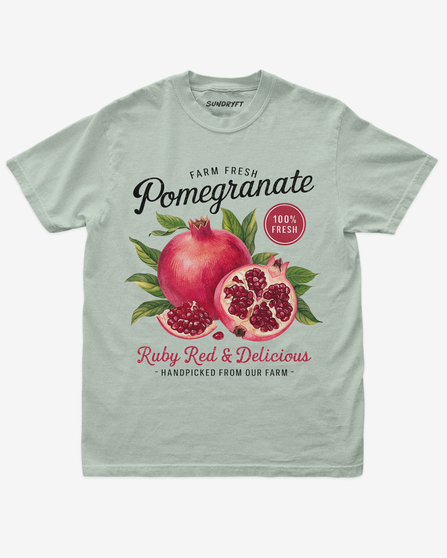 Pomegranate Fruit Shirt flat lay in bay color – retro 90s vintage fruit graphic tee with relaxed unisex fit, soft cotton, and ruby-red pomegranate label design.