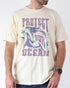 Model wearing natural color shirt with 'Protect Our Ocean' retro graphic design