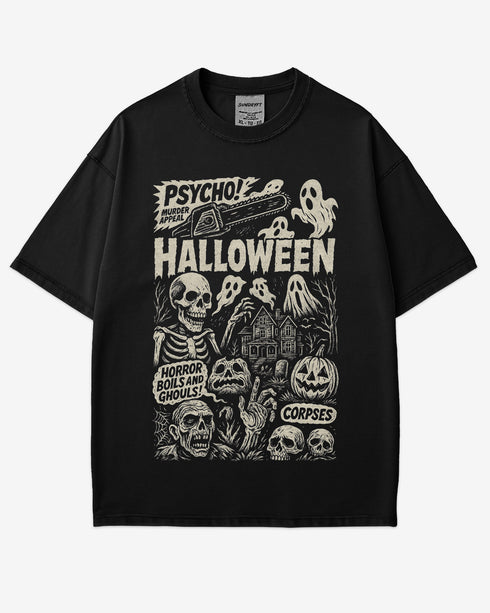 Psycho Halloween Shirt in black – retro horror graphic tee with spooky collage design, soft cotton unisex Halloween shirt