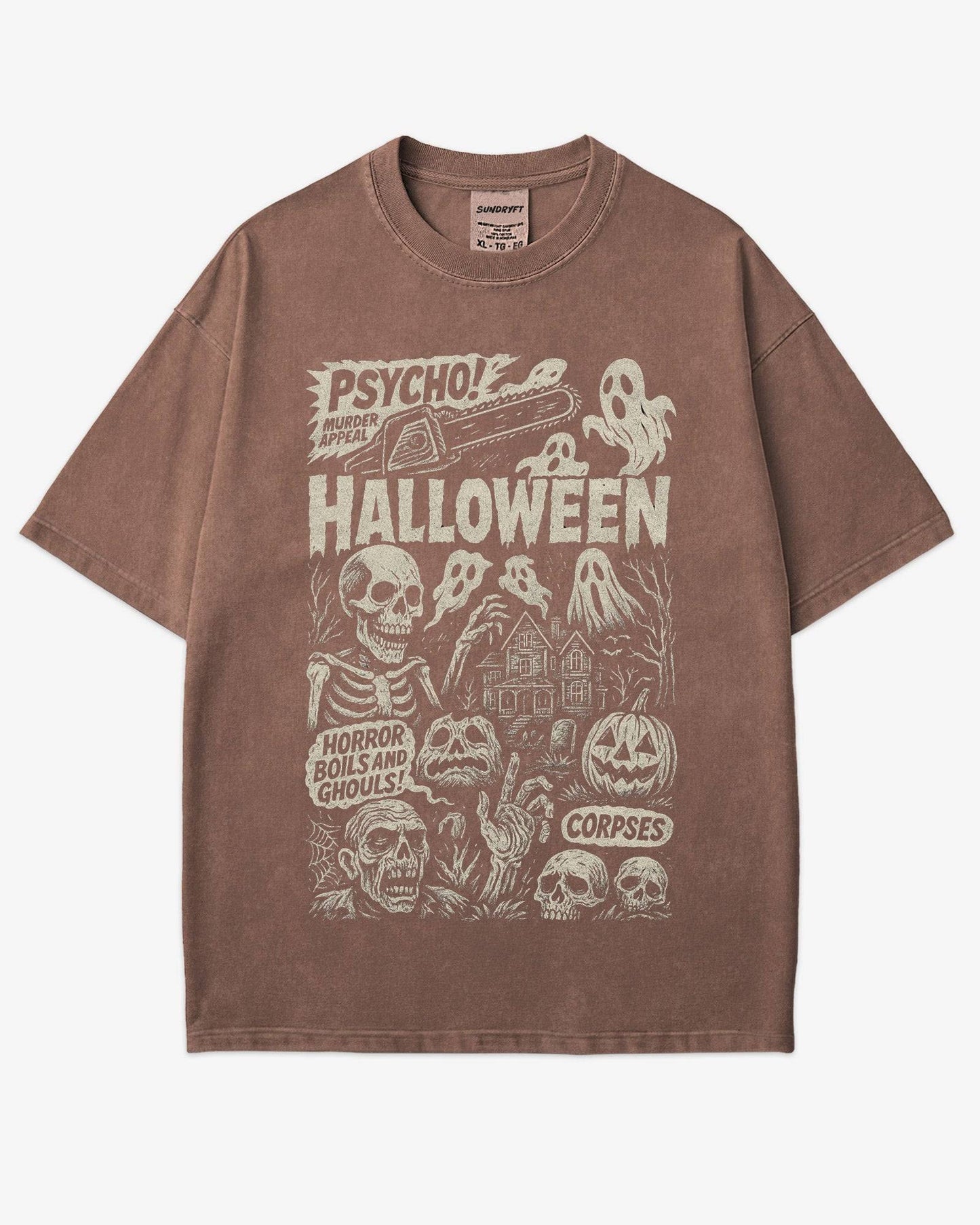 Psycho Halloween Shirt in espresso – retro horror graphic tee with spooky collage design, soft cotton unisex Halloween shirt