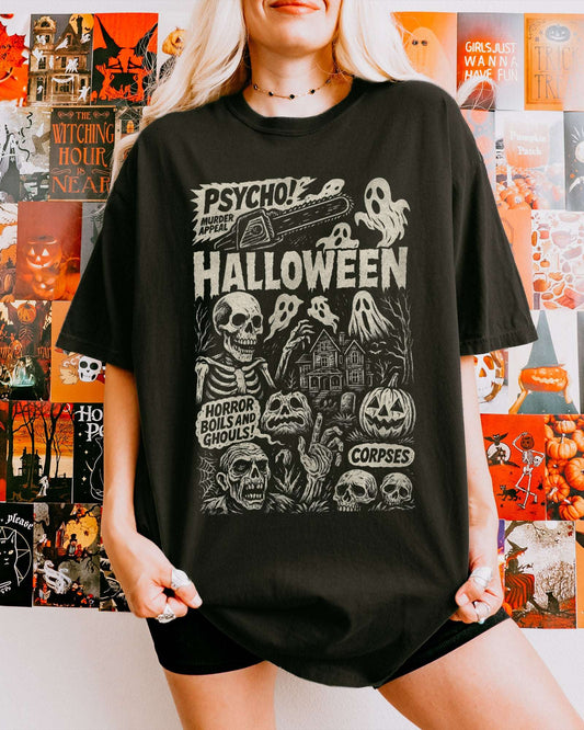 Woman wearing Psycho Halloween shitr in black with horror collage graphic