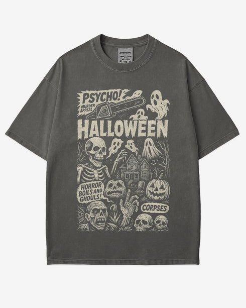 Psycho Halloween Shirt in pepper – retro horror graphic tee with spooky collage design, soft cotton unisex Halloween shirt