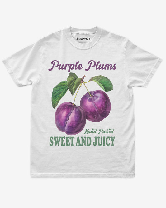 Flat lay of white Purple Plums Fruit Shirt, vintage retro 90s fruit graphic tee for adults