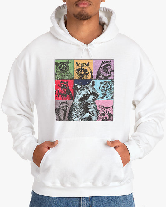 Man wearing a white hoodie with a retro and funny raccoon lifestyle collage graphic.