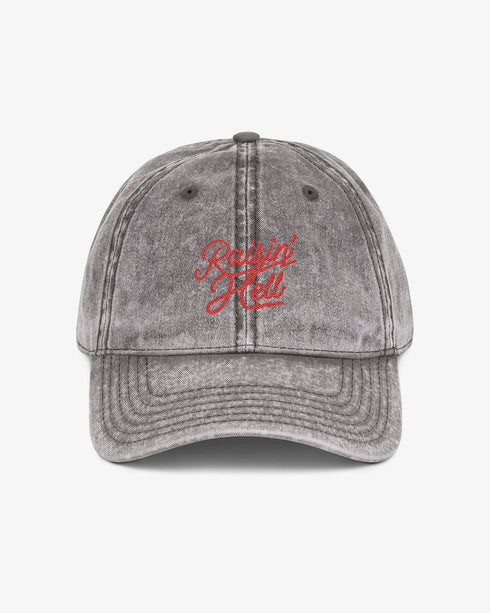 Raisin' Hell embroidered vintage cap in charcoal gray color