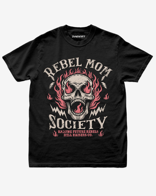 Black “Rebel Mom Society” shirt with rock skull and flames graphic flat lay.