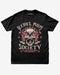 Black “Rebel Mom Society” shirt with rock skull and flames graphic flat lay.