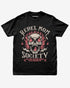 Black “Rebel Mom Society” shirt with rock skull and flames graphic flat lay.