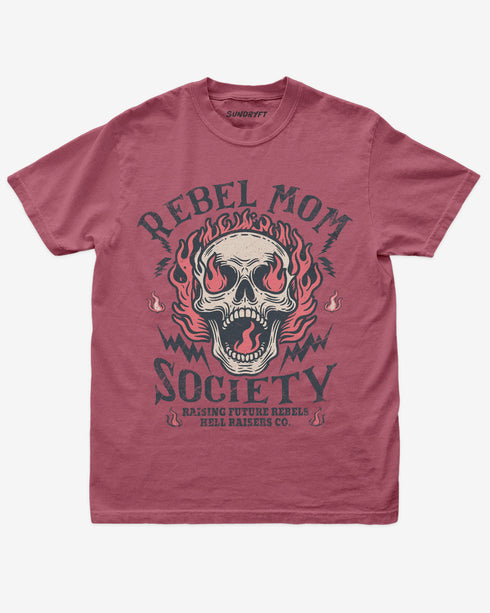 Crimson “Rebel Mom Society” shirt with rock skull and flames graphic flat lay.