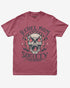 Crimson “Rebel Mom Society” shirt with rock skull and flames graphic flat lay.