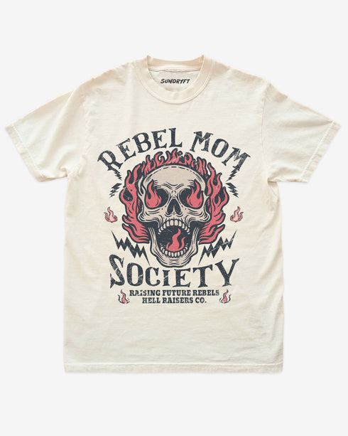 Ivory “Rebel Mom Society” shirt with rock skull and flames graphic flat lay.