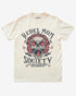 Ivory “Rebel Mom Society” shirt with rock skull and flames graphic flat lay.