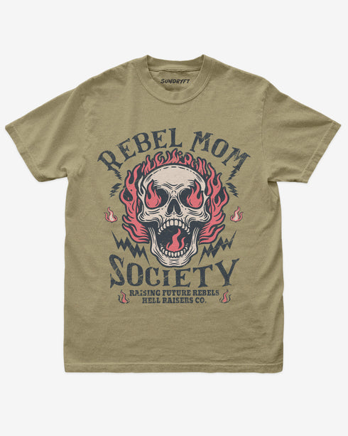 Khaki “Rebel Mom Society” shirt with rock skull and flames graphic flat lay.